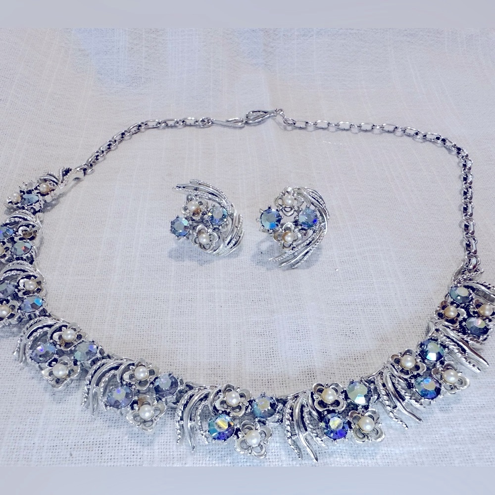 Vintage Coro Blue Aurora Borealis Rhinestones & Faux Pearls Necklace & Bracelet